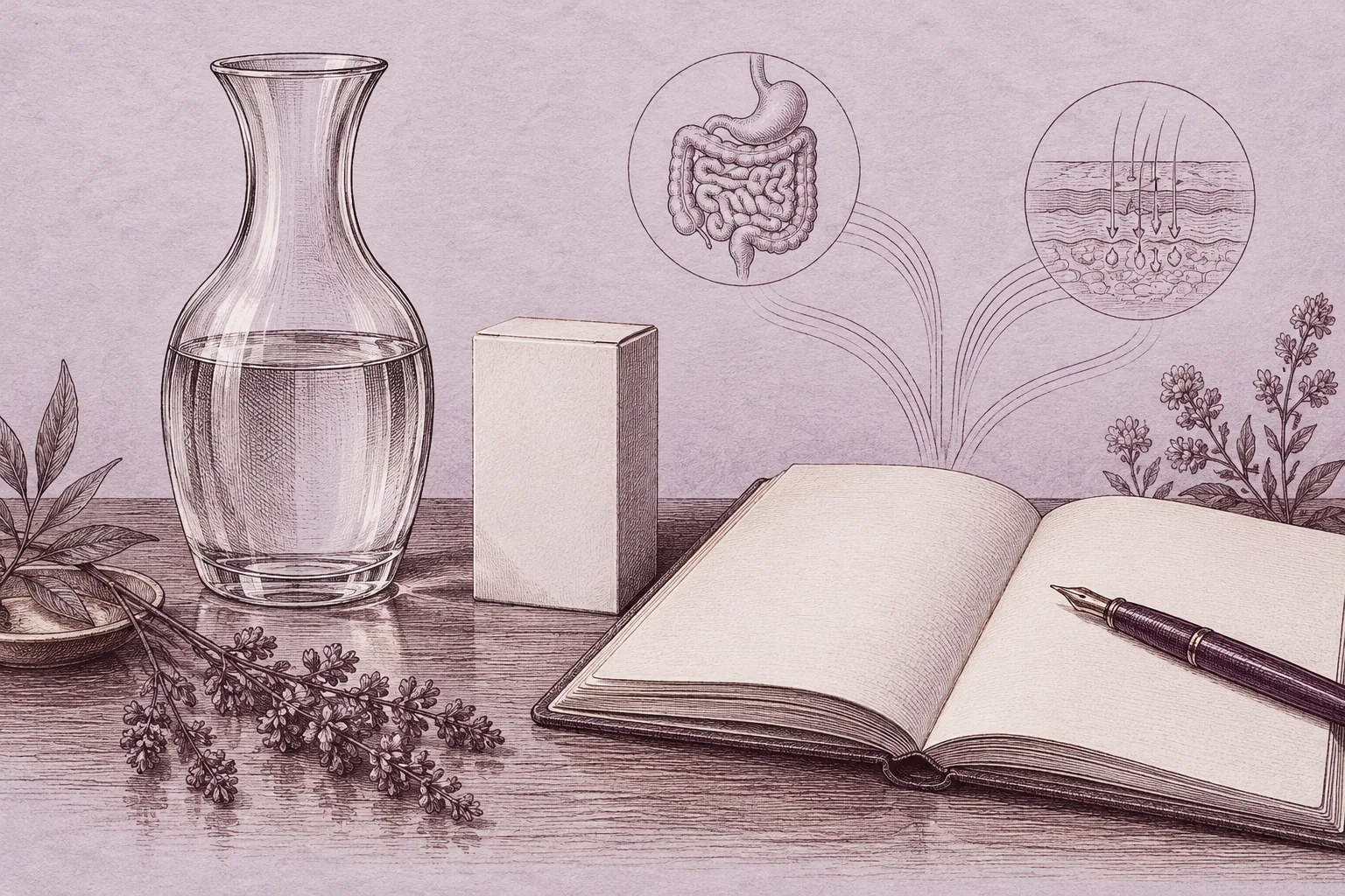 A plum-toned engraving of a glass carafe, plain closed carton and blank journal.